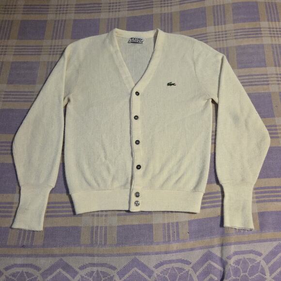Men's IZOD Lacoste True Vintage Ivory V-Neck Cardigan Sweater Medium 70s 80s 90s - Picture 1 of 10